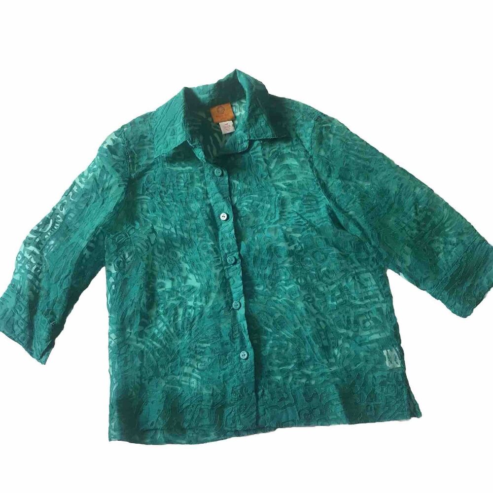 Ruby Rd Burnout Button Down Green Top Semi-Sheer … - image 1